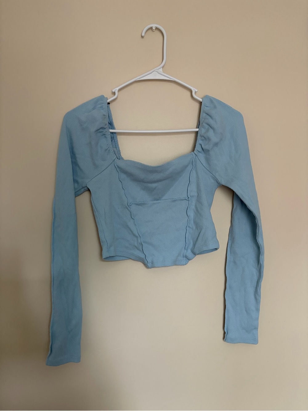Forever 21 Light Blue Long Sleeve Cropped Square Neck Top